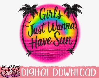Le ragazze vogliono solo avere il sole, illustrazione di scena di spiaggia, illustrazione di viaggio di ragazze con aerografo, illustrazione di download digitale