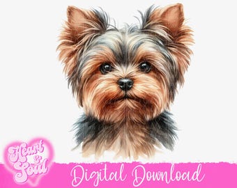 May include: A watercolor painting of a Yorkshire Terrier dog with brown, black, and tan fur. The dog is looking directly at the viewer with a serious expression.