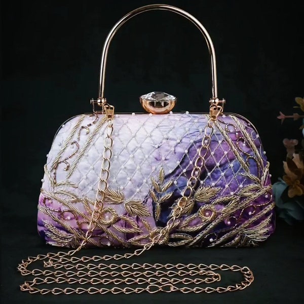 Purple evening bag with Top Handle and detachable chain , embroidery bag clutch, Sequin Handbag, Floral clutch bag