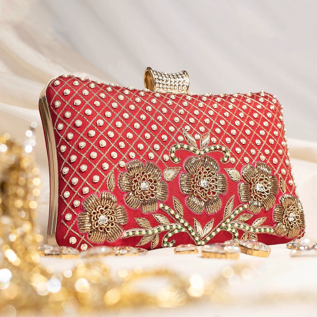 Indian Bridal Clutch With Floral Pattern Embroidery Bag Etsy