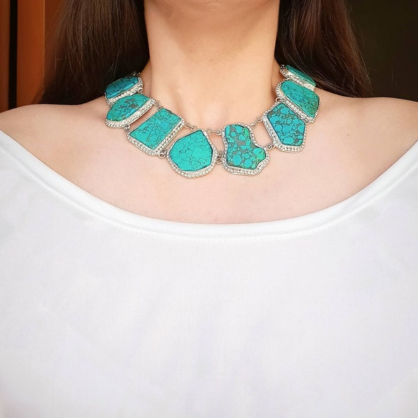 Large Natural Turquoise Necklace, Big Bold Statement Necklace, Beaded Necklace, Super Statement Necklace, Natural Turquoise Necklace