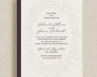 Letterpress Botanical Wedding Invitations — Minimal, Timeless, Elegant, Floral Wreath | Optional Envelopes