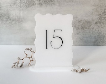 Wavy Milky white Acrylic Table Number with Stands | 4x6" | Modern + Minimal Wedding Decor | Black Text