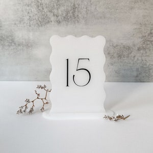 Wavy Milky white Acrylic Table Number with Stands | 4x6" | Modern + Minimal Wedding Decor | Black Text