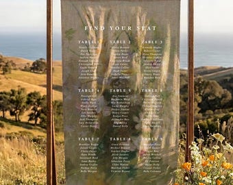 Floral Linen Hanging Seating Plan Sign for Weddings & Events | Custom Fabric | Elegant and Unique