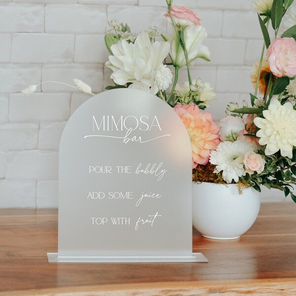 Mimosa Bar on Modern Arched Menu Frosted Acrylic Sign 5x7" or 8x10" | White Black Text | Arch Bridal Shower Baby Shower Bubbly Bar Decor