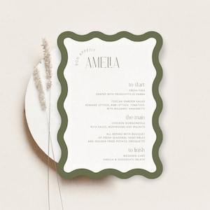 Faliste | Menu Faliste Spersonalizowane Imionami Gości | Nowoczesne Menu Weselne + Wydarzeniowe | Biały Atrament | Różowy, Niebieski, Zielony, Szary, Czarny