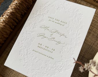 Letterpress Botanical Save the Date — Minimal, Timeless, Elegant, Floral | Optional Envelopes