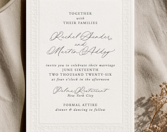 Letterpress Lace Border Wedding Invitation — Minimal, Timeless, Elegant | Optional Envelopes