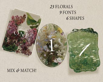Personalized Vintage Art Floral Table Numbers | Oval, Rectangle + Many more shapes available