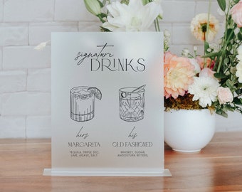 Signature Drinks Bar Sign with Illustrations | Modern & Luxury Wedding Signs | Frosted, Clear or Black Acrylic