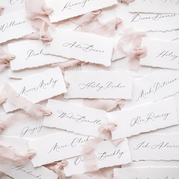 Place Cards with Hand Torn Edges and Silk Ribbon | Textured Watercolour Paper | Text or Calligraphy for Wedding Table Setting Decor
