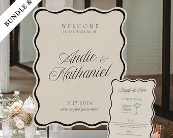 Wavy Wedding Sign Bundle: Welcome & Bar Menu, Custom Colors (Digital or Printed)
