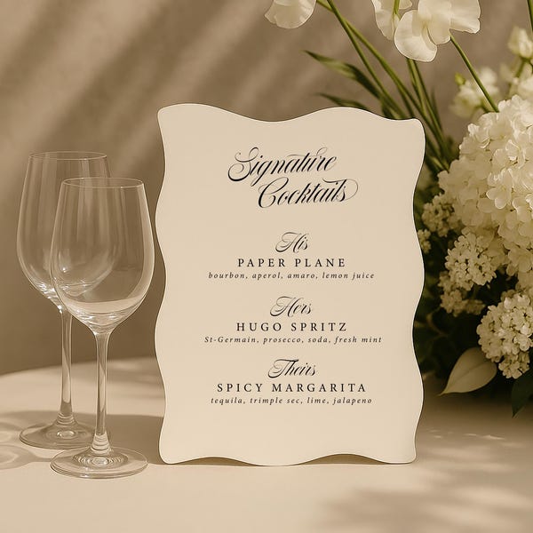 Custom Signature Cocktail Bar Sign: Wavy Edge Wedding Decor