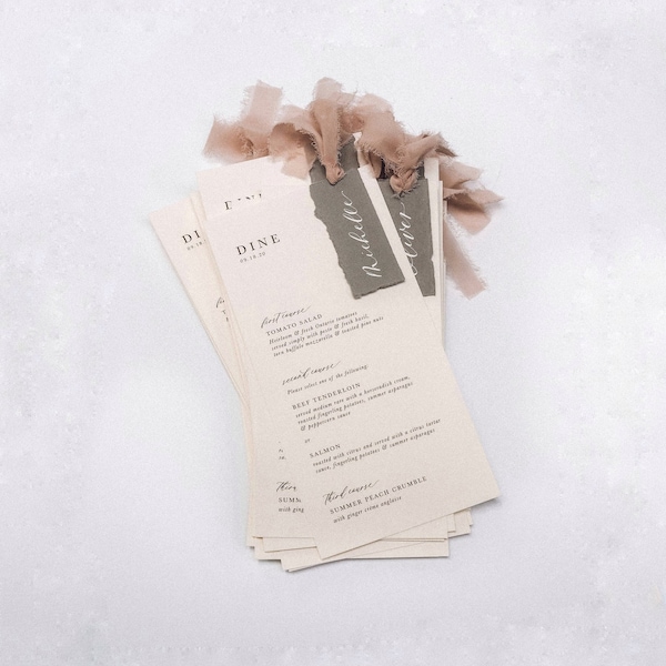 Wedding Menus on Thick 4x9" Card Stock with Deckled Edge Place Card + Ribbon | Hand Written Calligraphy | Silk Ribbon | Luxury Menus