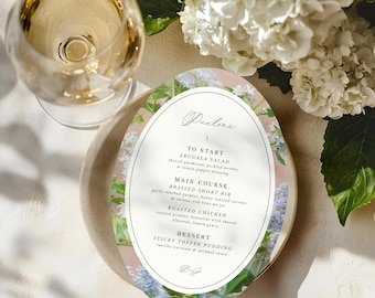 Elegant Floral Wedding Menu: Personalized Oval Dinner Menu