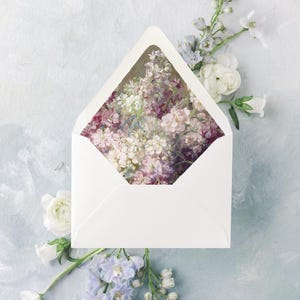 doublure d'enveloppe florale imprimable | Beaux-arts vintage rose violet | Téléchargement numérique | Papier cartonné beaux-arts | Faire-part bricolage