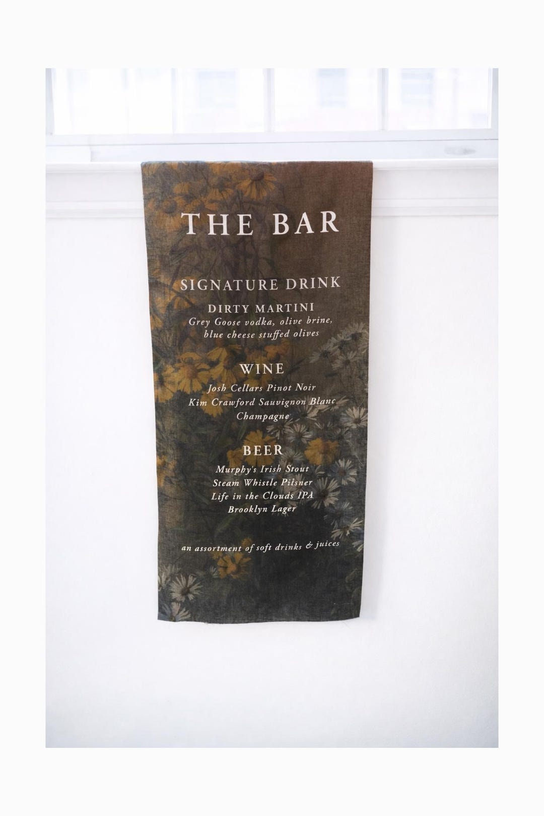 Floral Linen Hanging Bar Sign for Weddings & Events | Custom Fabric ...
