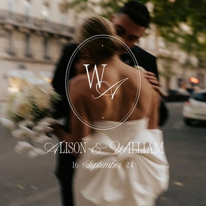May include: A blurred image of a couple embracing outdoors. The bride wears a white strapless gown with a large bow. The text "Alison & William" and the date "16 September 24" are displayed in elegant script. A monogram with the letters "W" and "A" is also visible.