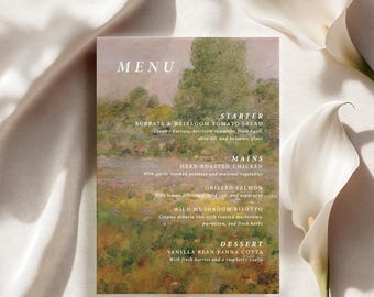 Menús con paisajes artísticos / Menús impresos con diseños artísticos / Despedida de soltera, boda, baby shower / Nombres personalizados para invitados disponibles