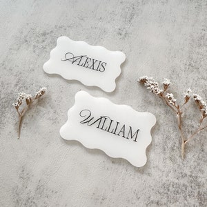 Milky White Wavy Acrylic Place Cards with Black Names Wedding Luxury Place Card Table Setting Engraved Names Wave Way Shape image 2