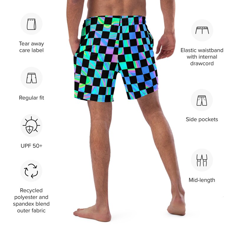 Holographic Checkered Men's Swim Trunks Etsy