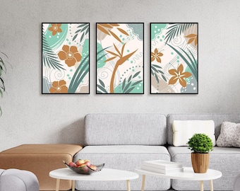 Set of Three Boho Prints | Tropical Decor | Mid Century Modern Art | Boho Triptych | Bohemian Living | Printable Wall Art | Digital Download