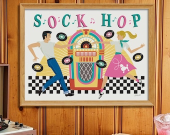 Sock-Hop-Party-Poster, Retro-50er-Jahre-Party, Jukebox im Mid-Century-Stil, Rock'n'Roll-Wandkunst, Retro-Diner-Deko, Schultreffen-Tanz, Druckbare Kunst