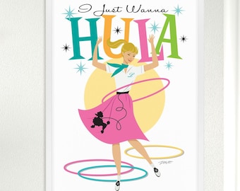 50er Jahre Hula Hoop Mädchen Wandkunst, Mid Century Modern, Hula Hoop Modetrend, 50er Pudel Rock Kunst zum ausdrucken, 50er Grafiken, MCM Dekor, digitaler Download