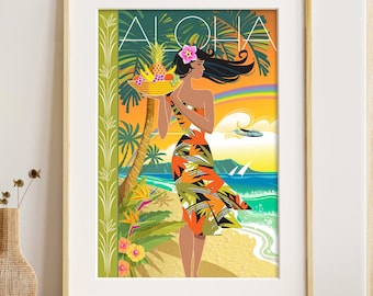 Hawaii-Reiseposter im Mid-Century-Modern-Stil, Aloha Diamond Head Honolulu Wandbild, Tropische Druckdekoration, Kunstdruck „Hawaiianisches Inselleben“