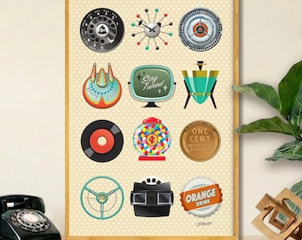 Retro-Wandkunst im Stil der 50er und 60er Jahre, Vintage-Nostalgie der 50er, Trendposter der 50er, Single-Schallplatte, fliegende Untertasse, Sternenuhr, digitaler Download