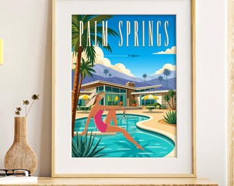 Wandbilder im Palm-Springs-Stil, Glamouröser Pool-Look im Mid-Century-Modern-Stil, Moderne Wüsten-Wohndekoration, Retro-Kalifornien-Druck, Frau am Pool im Mid-Century-Modern-Stil