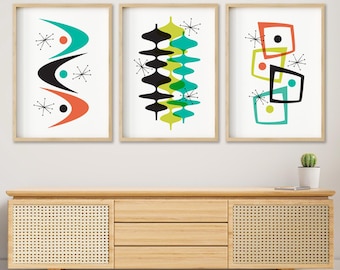 3er Set Atomic Style Art Prints, Mid Century moderne Kunst, abstraktes Triptychon, modernes Wohnzimmer, druckbare Wandkunst, digitaler Download