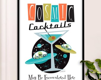 Kosmische Cocktails Kunstdruck, MCM Dekor, Atomic Age Bar Schild, Space Age Poster, Außerirdische, fliegende Untertassen, druckbare Wandkunst, digitaler Download