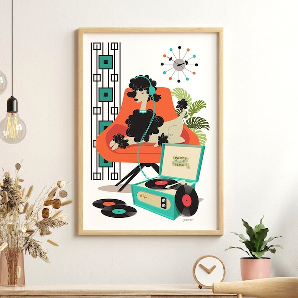 50s Poodle Art Print | 50s Rock & Roll | Mid Century Modern | Atomic Clock | Vinyl Records | Printable Wall Art | Digital Download