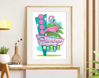 Pinker Flamingo Granit Art Print, Mid Century Modern Wandkunst, Neon Leuchtreklame, 50er Jahre Dekor, Roadside Americana, bedruckbar, digitaler Download