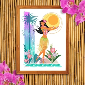 Hula Dancer Print | Mid Century Modern Wall Art | Hawaiian Art Print | Tiki Decor | Island Girl | Hawaiian Waterfall | Digital Download