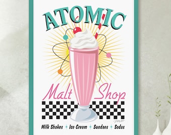 Atomic Malt Shop, druckbare Kunst, Mid Century Modern Wandkunst, Retro Atomic Art, Erdbeermilch-Shake, 50er Jahre Retro Diner Kunst, digitaler Download