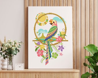 Tropical Parrot Art Print | Tiki Decor | Mid Century Modern Wall Art | Hawaiian Decor | 1950s Decor | Printable Wall Art | Digital Download