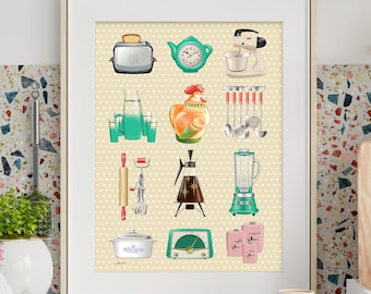Retro-Küchenwandbild, Mid-Century-Modern-Dekor, 50er-Jahre-Kitsch, Trendiges Collage-Poster, Für den Koch, Küchennostalgie, Digitaler Download