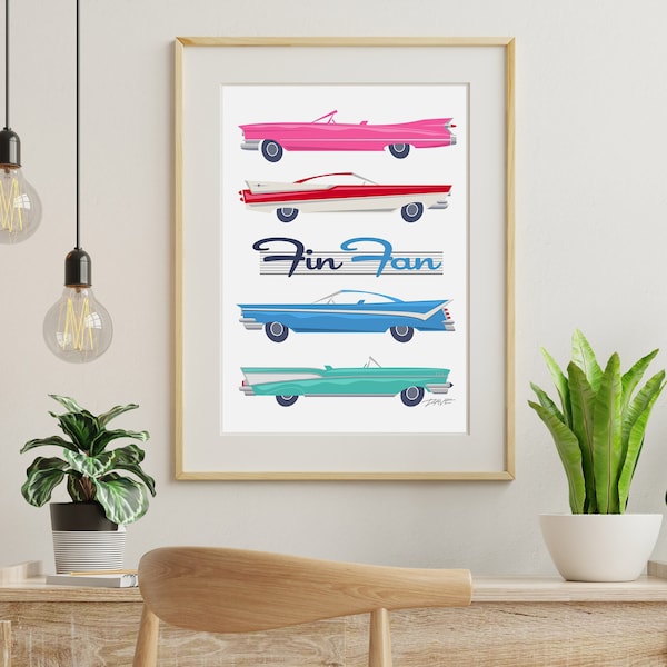 Classic Cars Wall Art, 50s Tail Fins, Mid Century Modern Decor, Gift For Him, 57 Chevy, Pink Cadillac, Printable Wall Art, Digital Download