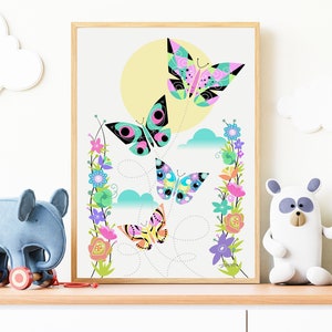 Butterfly Art Print | Nursery | Girl&#39;s Room Decor | Mid Century Modern Art | Abstract Flowers | Printable Wall Art | Digital Download