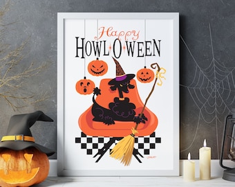 Happy Howl-O-Ween, 50s Poodle Art, Halloween Decor, Mid Century Modern Wall Art, Printable Halloween Art, Digital Download