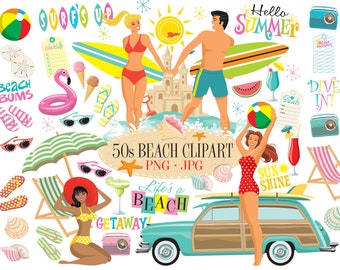 Sommerliche Cliparts, Strand-Scrapbooking-Papier, Retro-Poolparty, 50er-Jahre-Strandparty, Muscheln, Sandburg, Strandcocktails, Digitaler Download