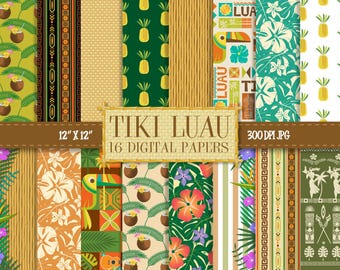 Tiki Luau digitales Papier, Hawaiian Scrapbooking und Bastelbedarf, Retro Tiki Hintergrund Designs, Digital Tiki Paper Pack, Instant Download