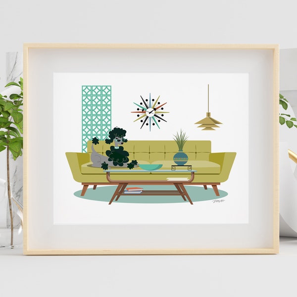 50s Poodle Art Print | Mid Century Modern Wall Art | Atomic Age | Breeze Blocks | Atomic Clock | Printable Wall Art | Digital Download