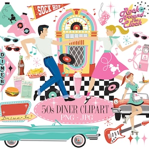 50s Diner Retro Clipart, 1950s Scrapbooking Kit, Mid Century Cars, Vinyl Records, Jukebox, Sock Hop, Diner Sign, Drive-in, Digital Download