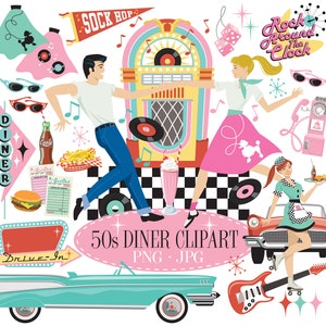 Imágenes Prediseñadas retro de restaurante de los años 50, Kit de álbum de recortes de los años 50, Coches de mediados de siglo, Discos de vinilo, Jukebox, Sock Hop, Cartel de restaurante, Autocine, Descarga digital