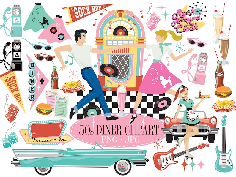50s Diner Retro Clipart, 1950s Scrapbooking Kit, Mid Century Cars ...