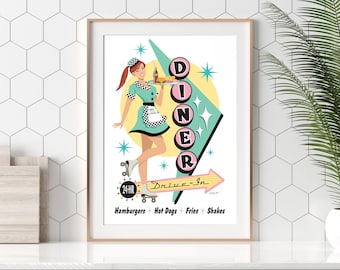 50er Jahre Diner Auto Poster, Mid Century Modern, Car Hopper, Rollschuhe, Retro Atomic Art, 50er Jahre Diner Wandkunst, digitaler Download